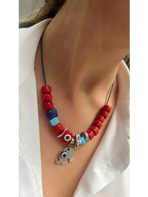 Kutcha Accessories Kutcha Kırmızı Cam Boncuklu Fil Nazar Kolye