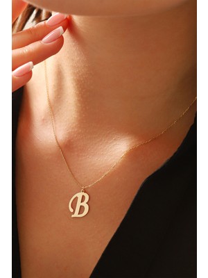 Prenses Pırlanta Kadın 14 Ayar Altın Harf Kolye El Işi B Harfi Altın Kolye Zincirli Harf Kolye 42 cm