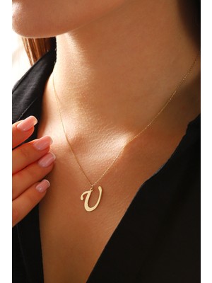 Prenses Pırlanta Kadın 14 Ayar Altın Harf Kolye El Işi U Harfi Altın Kolye Zincirli Harf Kolye 42 cm