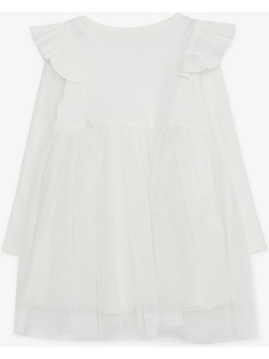 Breeze Kız Çocuk Uzun Kollu Elbise Omuzu Fırfırlı 3-8 Yaş, Beyaz