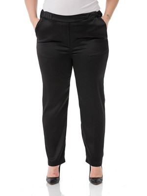 Disentis Modest Büyük Beden Yanı ve Arkası Lastikli Cepli Saten Siyah Pantolon