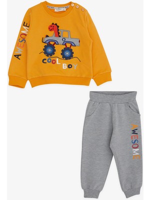Breeze Erkek Çocuk Eşofman Takımı Dinozor Nakışlı 1-4 Yaş, Hardal Sarı