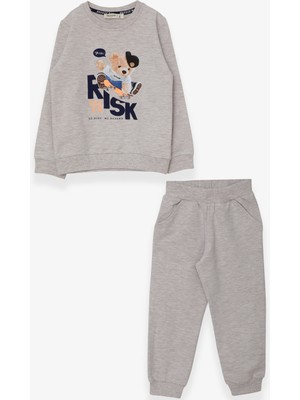 Breeze Erkek Çocuk Eşofman Takımı Kaykaycı Ayıcık Baskılı 1.5-5 Yaş, Bej Melanj