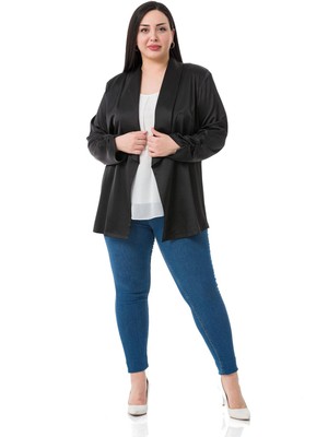 Disentis Modest Büyük Beden Şal Yaka Kolu Büzgü Detaylı Astarsız Saten Siyah Ceket