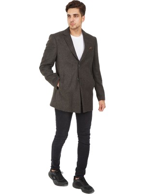 Sposo 5122 Dar Kalıp Ceket Yaka Antrasit - Siyah Balıksırtı Kısa Palto %60 Wool %40 Poly Erkek