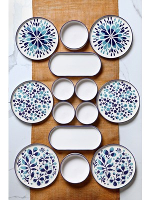 Kitchen Life 14 Parça 6 Kişilik Stackable Blue Etnik Kahvaltı Takımı - Lüx Kahvaltılık Sunum Seti Tabağı