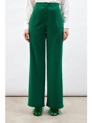 Sateen Pileli Krep Pantolon - Yeşil
