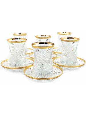 Çanak Sepeti 12 Parça Cam Altın Yaldızlı El Imalatı Kesme Çay Takımı Seti