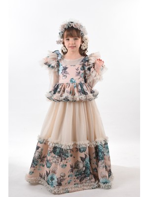 Mialora Exclusive Özel Tasarım Kız Çocuk Abiye Elbise, Saç Aksesuarlı Kız Çocuk Uzun Elbise, Vintage Elbise10