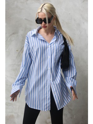 Madmext Mavi Çizgili Oversize Kadın Gömlek MG1688
