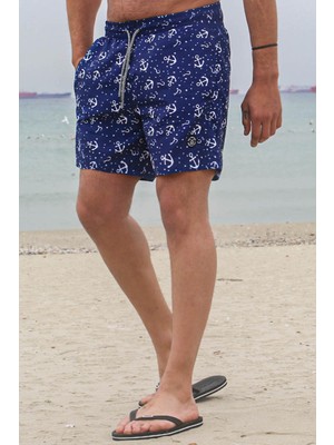 Madmext Lacivert Çapa Desenli Erkek Deniz Şortu 6366