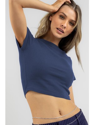 Madmext Lacivert Basic Crop Kadın Tişört MG1772