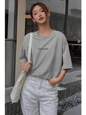 Millionaire Spectacular Kadın Gri Oversize T-Shirt Truvakar Kol Günlük Stil Örme Kumaş