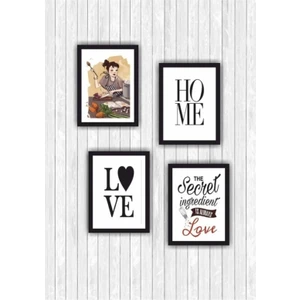 Trend Poster 4 Parça Mutfak Ev Dekarasyon Çerçeve Görünümlü Ahşap Arkası Yapışkanlı Mdf Tablo Çoklu Set Retro  Ahşap Poster