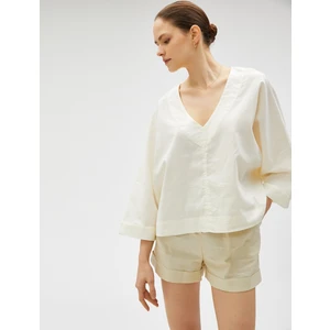 Oversize Bluz Keten Karışımlı V Yaka