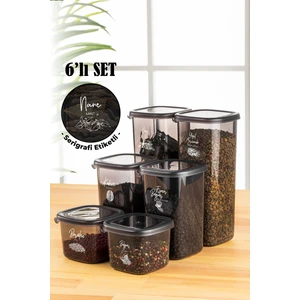Beyaz Serigrafi Etiketli 6lı Peggy Kare Erzak Saklama Kabı 2x(0,55 Litre, 1,2 Litre, 1,75 Litre) Antrasit