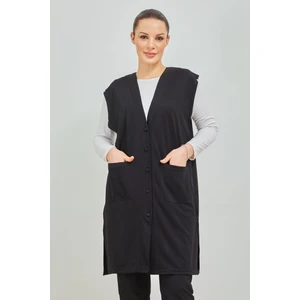 Fresh Moda Kadın Siyah  Uzun Cepli Düğmeli Penye Anne Büyük Beden Tunik Yelek