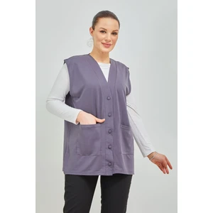 Fresh Moda Kadın Gri Kısa Cepli Düğmeli Penye Anne Büyük Beden  Yelek