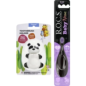 Baby Neon 0-3 Yaş Diş Fırçası Mor ve Flipper Hijyenik Saklama Kabı Seti - Panda Figürlü