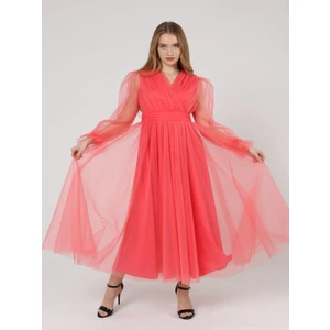 Önü Kruvaze Uzun Kol Tül Abiye Elbise