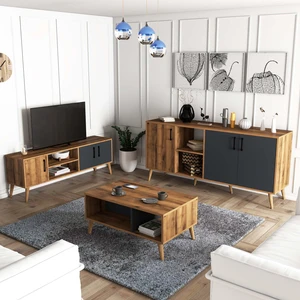 Set 1580-2070-1620 Exxen (Ahşap Ayaklı) Tv Ünitesi Orta Sehpa Konsol Seti Hat Antrasit