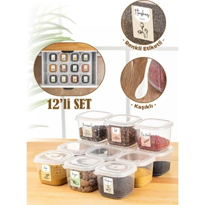 Renkli Etiketli Kaşıklı 12LI 0,55 Litre Peggy Kare Erzak Saklama Kabı Beyaz