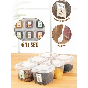 Renkli Etiketli Kaşıklı 6lı 0,55 Litre Peggy Kare Erzak Saklama Kabı Beyaz