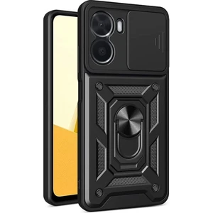 Case 4U Vivo Y16 Kılıf Stand Olabilen Yüzüklü Sürgülü Vega Arka Kapak Siyah