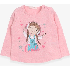 Kız Çocuk Uzun Kollu Tişört Sevimli Kız Baskılı 1-4 Yaş, Somon Melanj