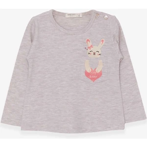 Kız Çocuk Uzun Kollu Tişört Cepli Tavşancık Baskılı 1.5-5 Yaş, Bej Melanj