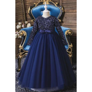 Miço Kids Lacivert Zara Payetli Çocuk Abiye - Kız Çocuk Elbise - Kız Çocuk Balo Elbise Noel Elbise