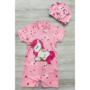 Podium Giyim Yeni Sezon Kids Kız Çocuk Unicorn Baskılı  Boneli  Hızlı Kuruyan Mayo Takımı