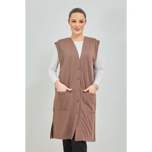 Fresh Moda Kadın Vizon  Uzun Cepli Düğmeli Penye Anne Büyük Beden Tunik Yelek