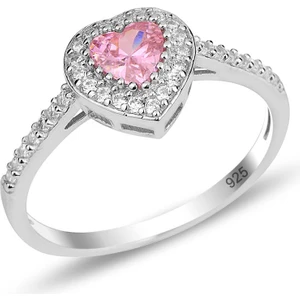 Söğütlü Silver Gümüş Rodyumlu Pırlanta Modeli Pembe Taşlı Kalp Yüzük