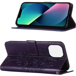 iPhone 13 Için Kelebek Pu Deri Çevirmeli Cüzdan Stand Telefon Kılıfı - Mor (Yurt Dışından)
