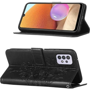 Galaxy A32 5g Için Kelebek Pu Deri Çevirmeli Cüzdan Stand Telefon Kılıfı - Siyah (Yurt Dışından)