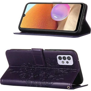 Galaxy A32 5g Için Kelebek Pu Deri Çevirmeli Cüzdan Stand Telefon Kılıfı - Mor (Yurt Dışından)