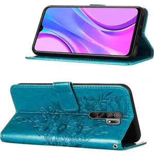 Redmi 9 / Poco M2 Için Kelebek Pu Deri Çevirmeli Cüzdan Stand Telefon Kılıfı - Mavi (Yurt Dışından)