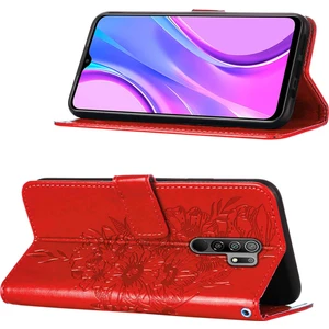 Redmi 9 / Poco M2 Için Kelebek Pu Deri Çevirmeli Cüzdan Stand Telefon Kılıfı - Kırmızı (Yurt Dışından)