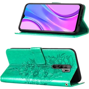 Redmi 9 / Poco M2 Için Kelebek Pu Deri Çevirmeli Cüzdan Stand Telefon Kılıfı - Yeşil (Yurt Dışından)