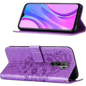 Redmi 9 / Poco M2 Için Kelebek Pu Deri Çevirmeli Cüzdan Stand Telefon Kılıfı - Açık Mor (Yurt Dışından)
