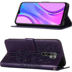 Redmi 9 / Poco M2 Için Kelebek Pu Deri Çevirmeli Cüzdan Stand Telefon Kılıfı - Mor (Yurt Dışından)