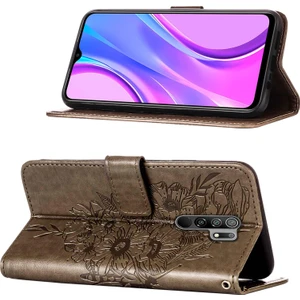 Redmi 9 / Poco M2 Için Kelebek Pu Deri Çevirmeli Cüzdan Stand Telefon Kılıfı - Gri (Yurt Dışından)