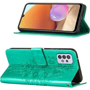 Galaxy A32 5g Için Kelebek Pu Deri Çevirmeli Cüzdan Stand Telefon Kılıfı - Yeşil (Yurt Dışından)