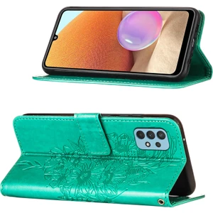 Galaxy A32 4g Için Kelebek Pu Deri Çevirmeli Cüzdan Stand Telefon Kılıfı - Yeşil (Yurt Dışından)
