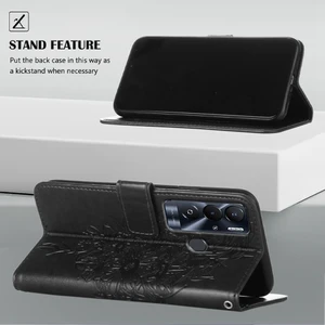 Pova Neo / Le6 Için Kelebek Pu Deri Çevirmeli Cüzdan Stand Telefon Kılıfı - Siyah (Yurt Dışından)