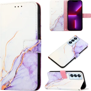 Camon 18 / Camon 18 P Için Mermer Desenli Pu Deri Cüzdan Telefon Kılıfı - Beyaz / Mor (Yurt Dışından)