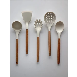 Bambu Saplı Beyaz Silikon 5 Parça Kevgir, Kepçe, Kaşık, Makarna ve Salata Kaşığı, Spatula 5'li Set