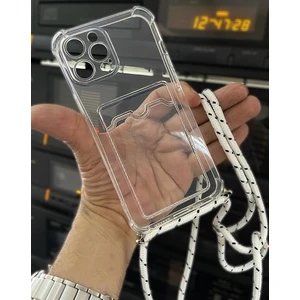Apple iPhone 12 Pro Max ile Uyumlu Ipli Boyun Askılı Silikon Kılıf Şeffaf Renk Kartlıklı Dulcet Epiphany Kılıf