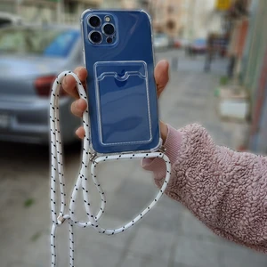 Apple iPhone 14 Pro ile Uyumlu Ipli Boyun Askılı Silikon Kılıf Şeffaf Renk Kartlıklı Dulcet Epiphany Kılıf